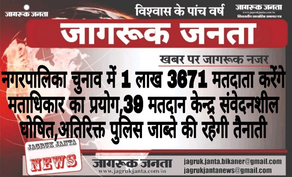 नगरपालिका चुनाव में 1 लाख 3671 मतदाता करेंगे मताधिकार का प्रयोग,39 मतदान केन्द्र संवेदनशील घोषित, अतिरिक्त पुलिस जाब्ते की रहेगी तैनाती