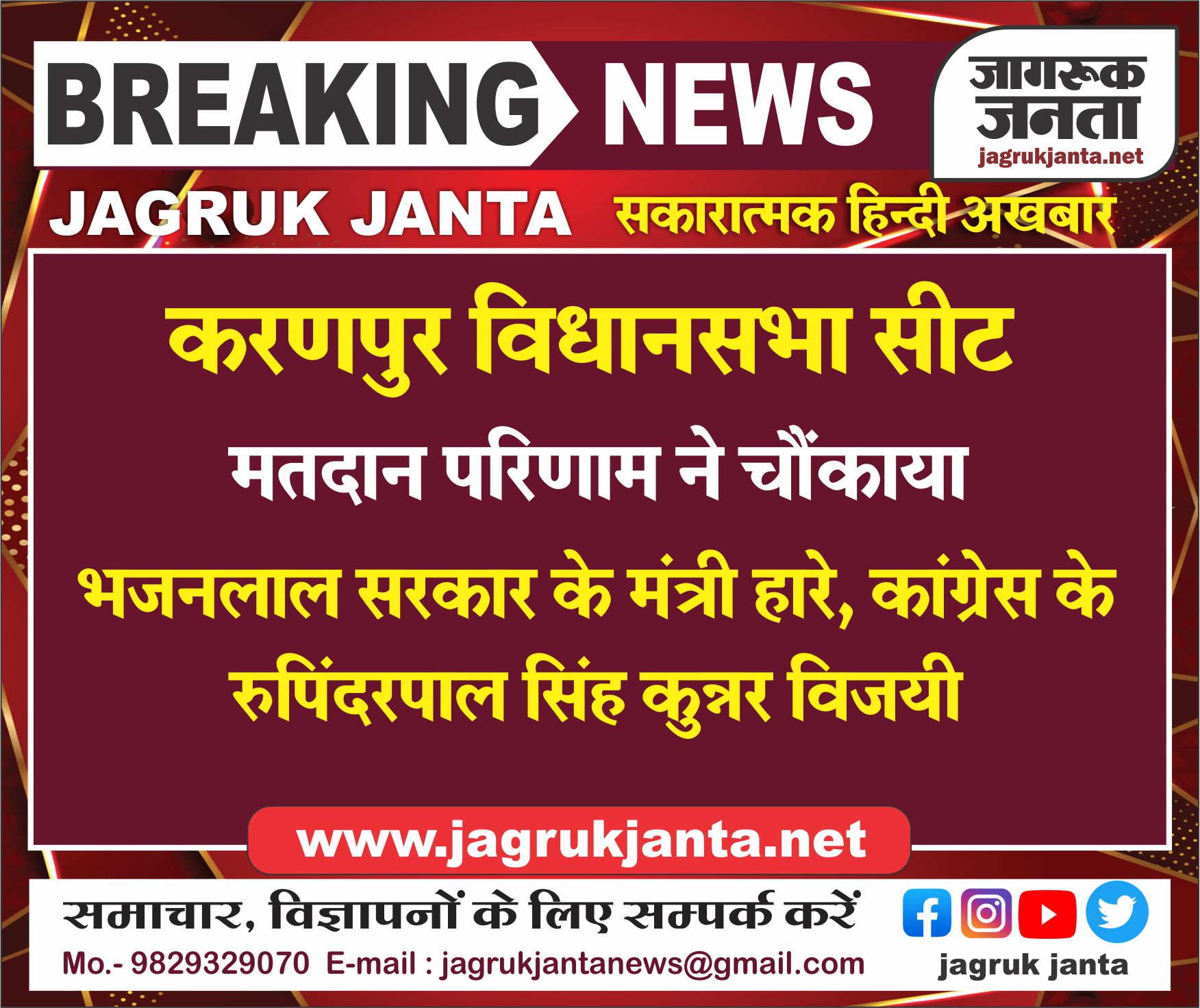 करणपुर विधानसभा सीट: भजनलाल सरकार के मंत्री सुरेंद्रपाल सिंह टीटी हारे, कांग्रेस के रुपिंदरपाल सिंह कुन्नर विजयी